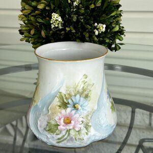 Vintage Hand Painted Textured Porcelain Floral Motiff Vase-Planter Pot